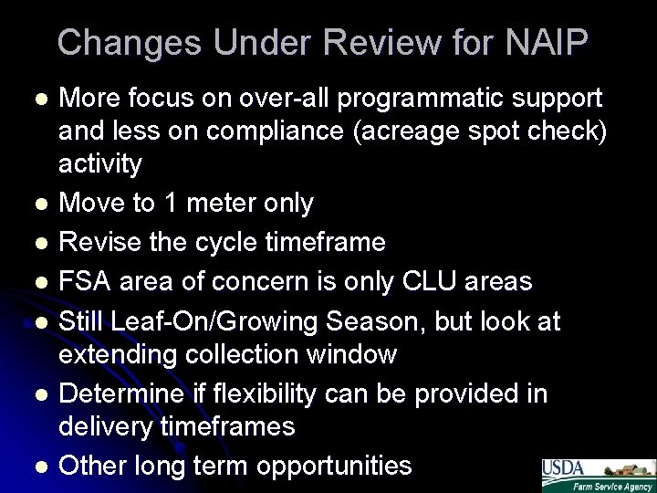 Changes Under Review for NAIP More focus on over-all programmatic support and less on Changes Under Review for NAIP More focus on over-all programmatic support and less on