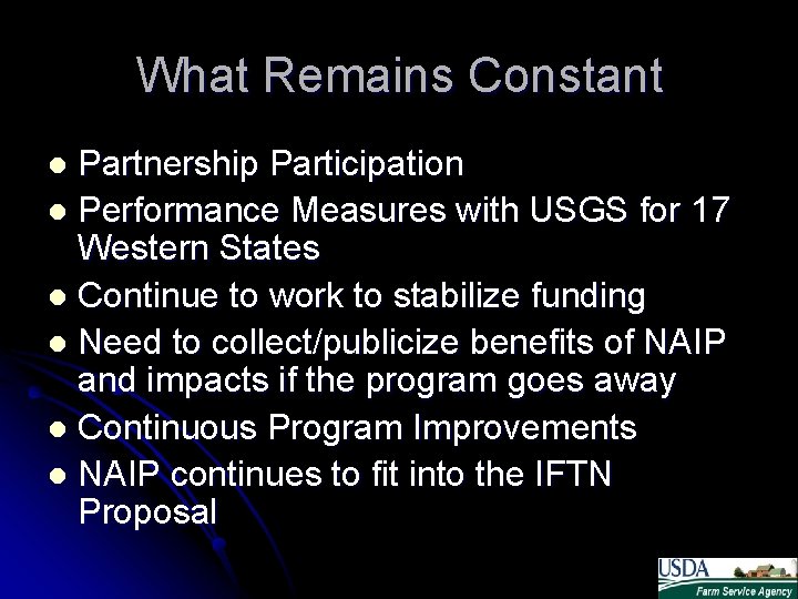 What Remains Constant Partnership Participation l Performance Measures with USGS for 17 Western States What Remains Constant Partnership Participation l Performance Measures with USGS for 17 Western States