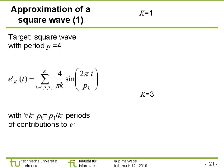 TU Dortmund Approximation of a square wave (1) K=1 Target: square wave with period
