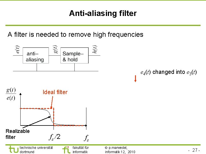 TU Dortmund Anti-aliasing filter A filter is needed to remove high frequencies e 4(t)