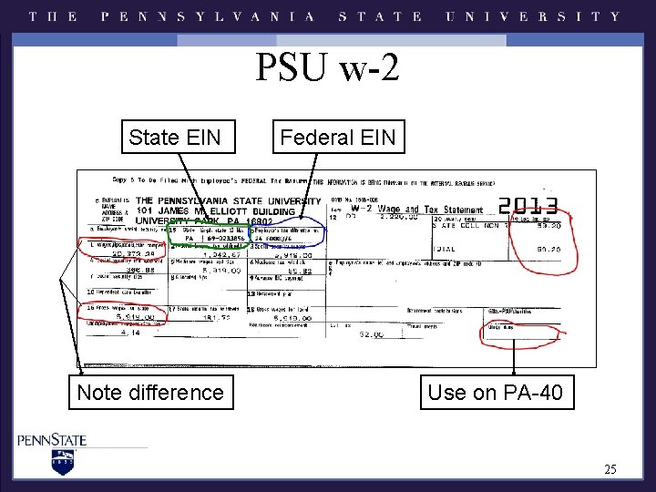 PSU w-2 State EIN Note difference Federal EIN Use on PA-40 25 PSU w-2 State EIN Note difference Federal EIN Use on PA-40 25