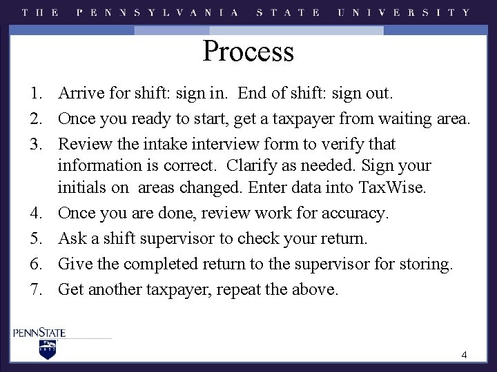 Process 1. Arrive for shift: sign in. End of shift: sign out. 2. Once Process 1. Arrive for shift: sign in. End of shift: sign out. 2. Once