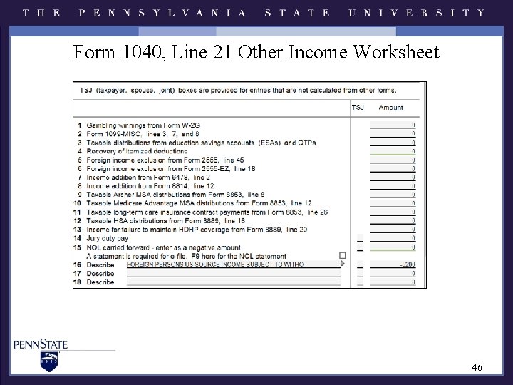 Form 1040, Line 21 Other Income Worksheet 46 Form 1040, Line 21 Other Income Worksheet 46
