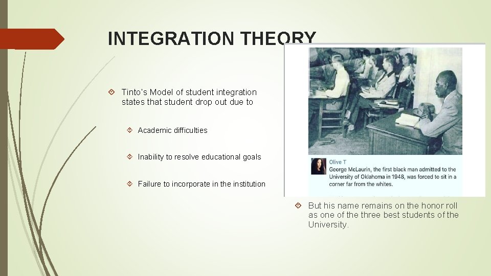 INTEGRATION THEORY Tinto’s Model of student integration states that student drop out due to