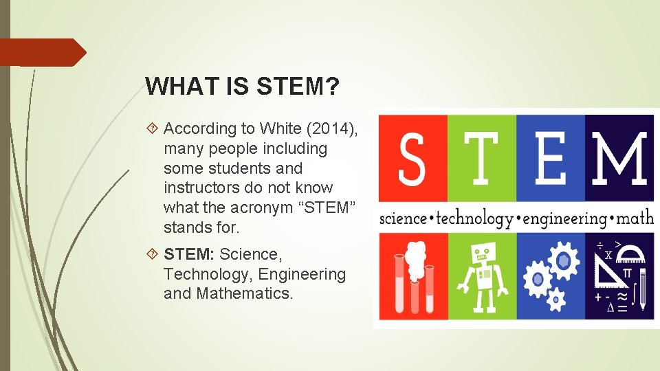 WHAT IS STEM? According to White (2014), many people including some students and instructors