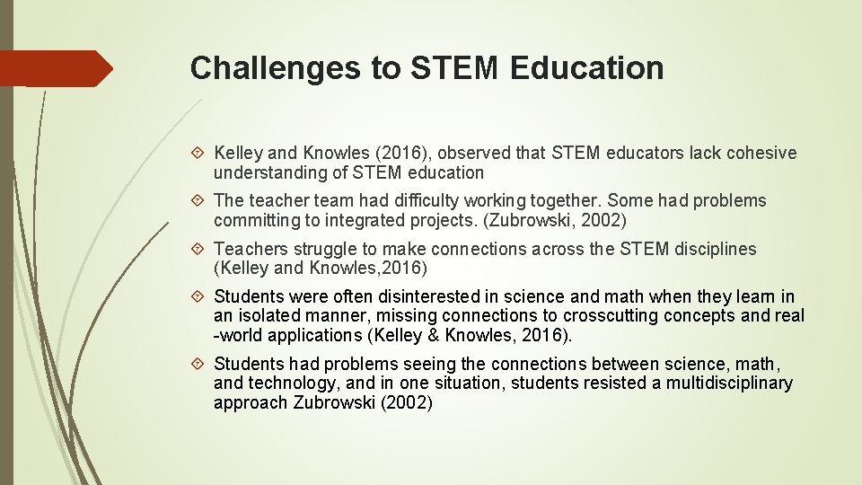 Challenges to STEM Education Kelley and Knowles (2016), observed that STEM educators lack cohesive