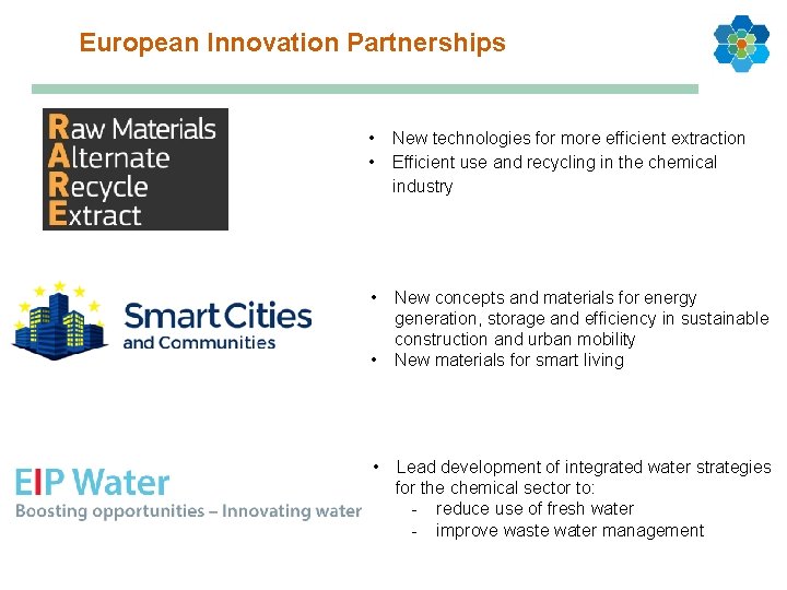 European Innovation Partnerships • • New technologies for more efficient extraction Efficient use and