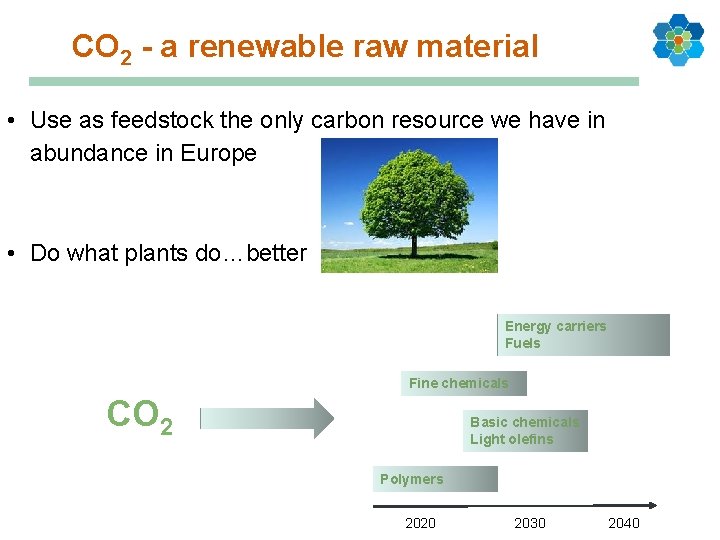 CO 2 - a renewable raw material • Use as feedstock the only carbon