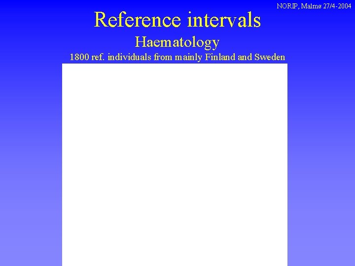 Reference intervals NORIP, Malmø 27/4 -2004 Haematology 1800 ref. individuals from mainly Finland Sweden