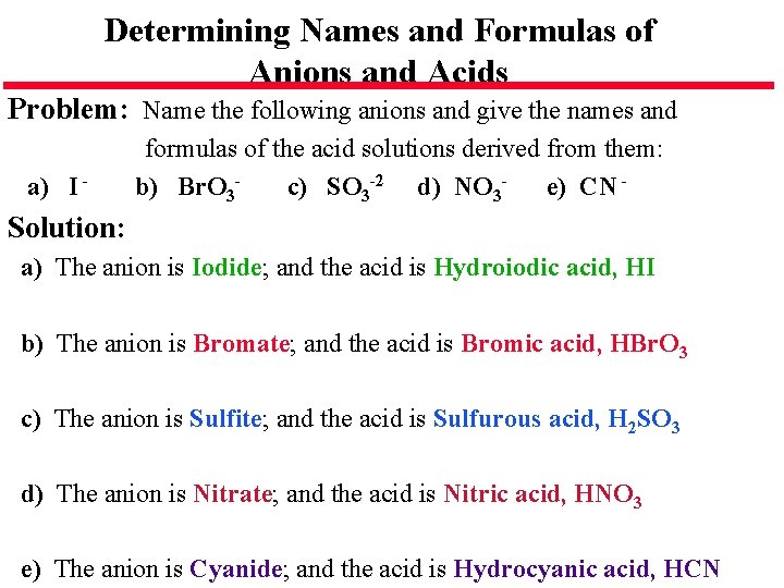 Determining Names and Formulas of Anions and Acids Problem: Name the following anions and Determining Names and Formulas of Anions and Acids Problem: Name the following anions and