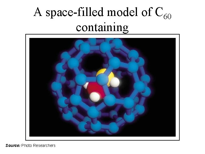 A space-filled model of C 60 containing a "caged" methanol molecule Source: Photo Researchers A space-filled model of C 60 containing a "caged" methanol molecule Source: Photo Researchers