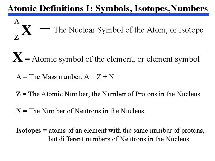 Atomic Definitions I: Symbols, Isotopes, Numbers A X Z The Nuclear Symbol of the Atomic Definitions I: Symbols, Isotopes, Numbers A X Z The Nuclear Symbol of the