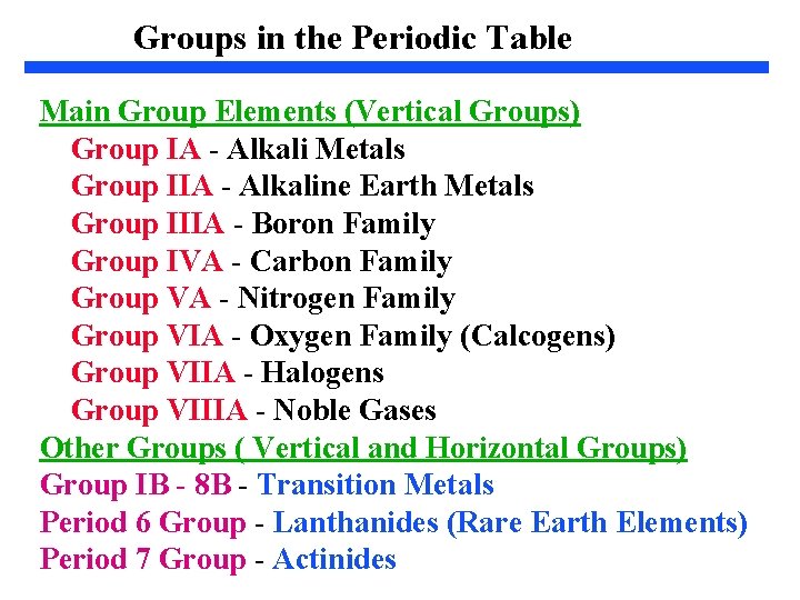 Groups in the Periodic Table Main Group Elements (Vertical Groups) Group IA - Alkali Groups in the Periodic Table Main Group Elements (Vertical Groups) Group IA - Alkali