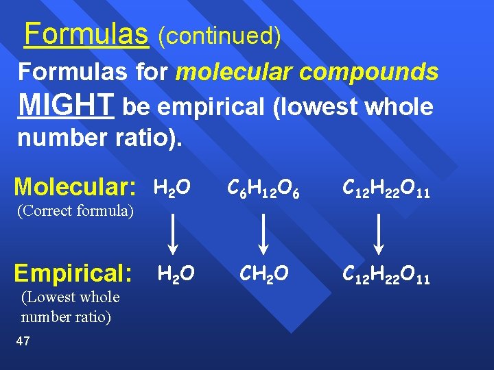 Formulas (continued) Formulas for molecular compounds MIGHT be empirical (lowest whole number ratio). Molecular: