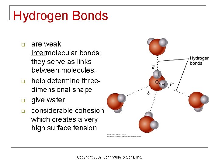 Hydrogen Bonds q q are weak intermolecular bonds; they serve as links between molecules.
