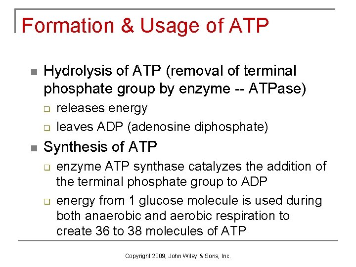 Formation & Usage of ATP n Hydrolysis of ATP (removal of terminal phosphate group