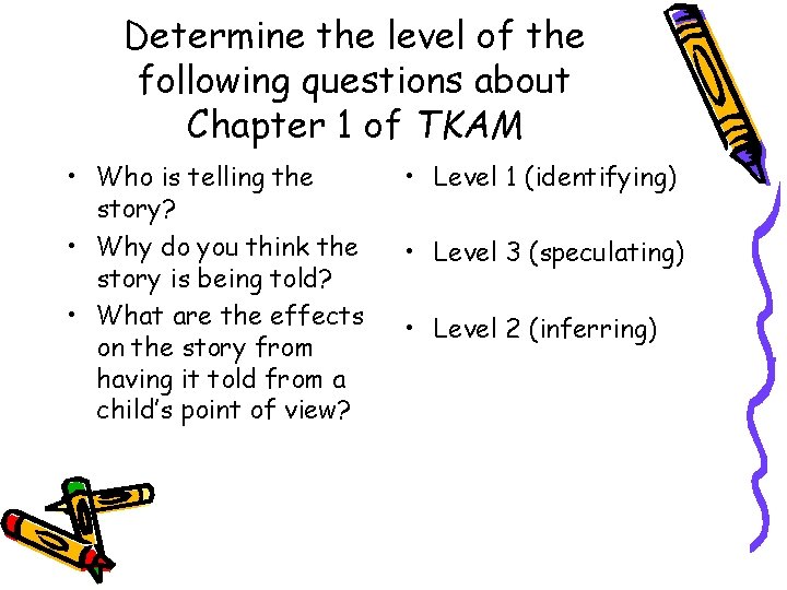 Determine the level of the following questions about Chapter 1 of TKAM • Who