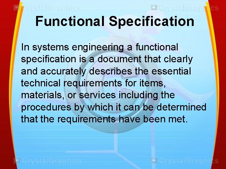 Functional Specification In systems engineering a functional specification is a document that clearly and