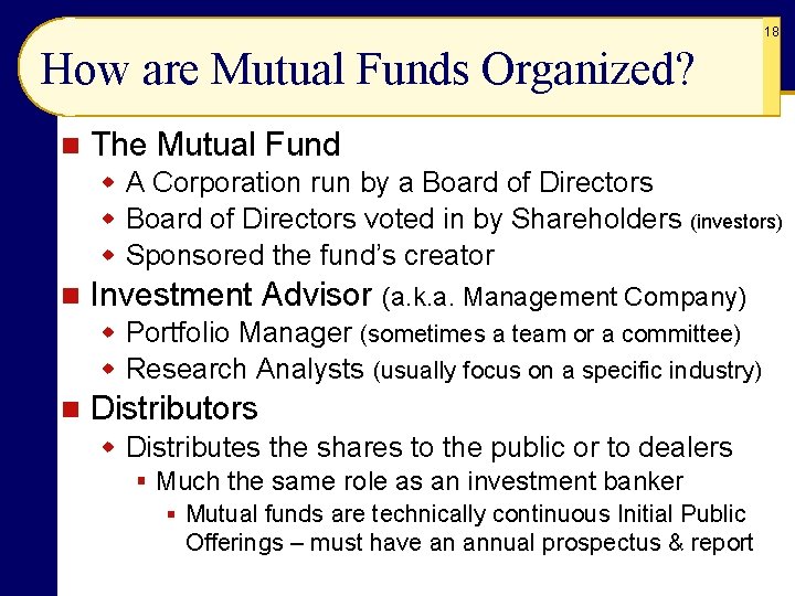 18 How are Mutual Funds Organized? n The Mutual Fund w A Corporation run 18 How are Mutual Funds Organized? n The Mutual Fund w A Corporation run