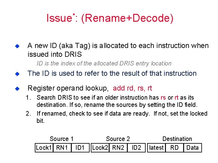 Issue*: (Rename+Decode) u A new ID (aka Tag) is allocated to each instruction when