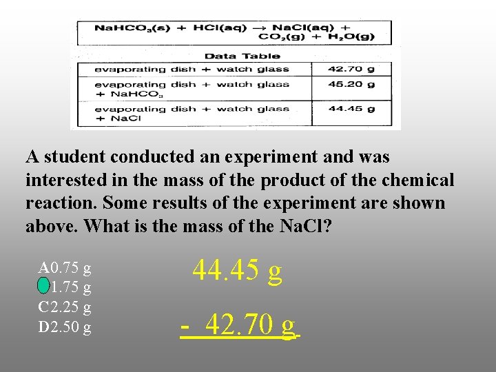 A student conducted an experiment and was interested in the mass of the product A student conducted an experiment and was interested in the mass of the product