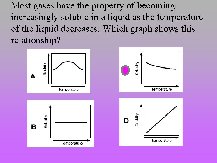 Most gases have the property of becoming increasingly soluble in a liquid as the Most gases have the property of becoming increasingly soluble in a liquid as the