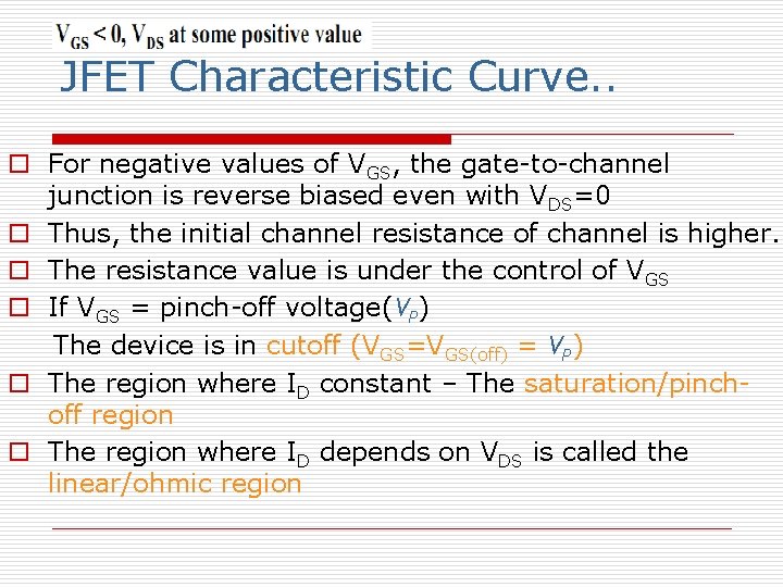 JFET Characteristic Curve. . o For negative values of VGS, the gate-to-channel junction is