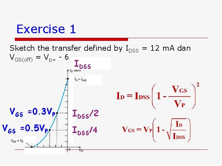 Exercise 1 Sketch the transfer defined by IDSS = 12 m. A dan VGS(off)