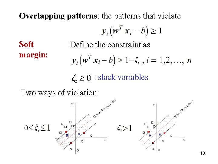 Overlapping patterns: the patterns that violate Soft margin: Define the constraint as : slack