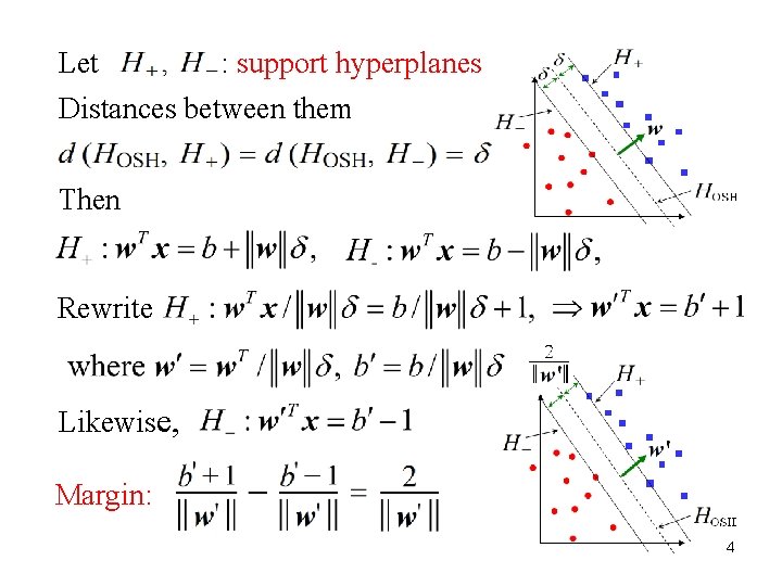 Let : support hyperplanes Distances between them Then Rewrite Likewise, Margin: 4 