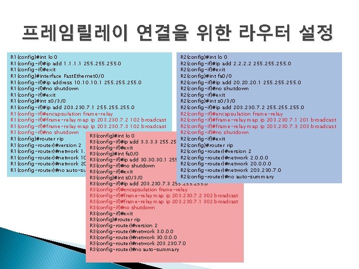 프레임릴레이 연결을 위한 라우터 설정 R 2(config)#int lo 0 R 1(config)#int lo 0 R