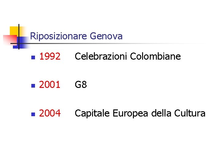 Riposizionare Genova n 1992 Celebrazioni Colombiane n 2001 G 8 n 2004 Capitale Europea