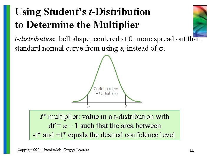 Using Student’s t-Distribution to Determine the Multiplier t-distribution: bell shape, centered at 0, more