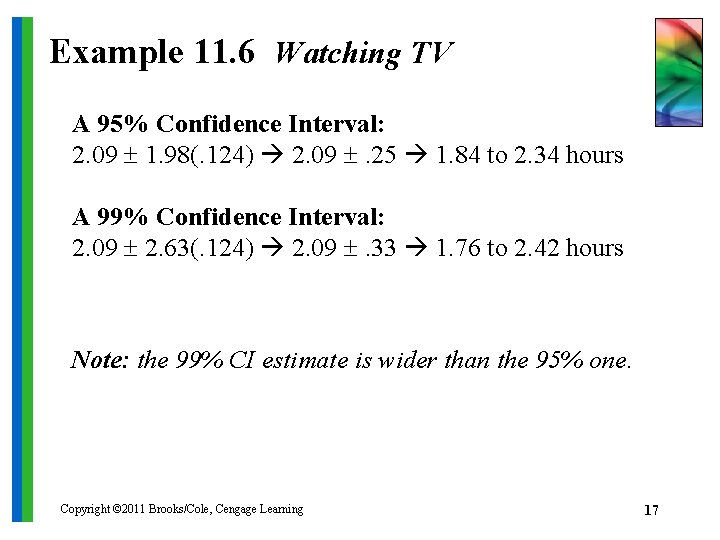 Example 11. 6 Watching TV A 95% Confidence Interval: 2. 09 1. 98(. 124)