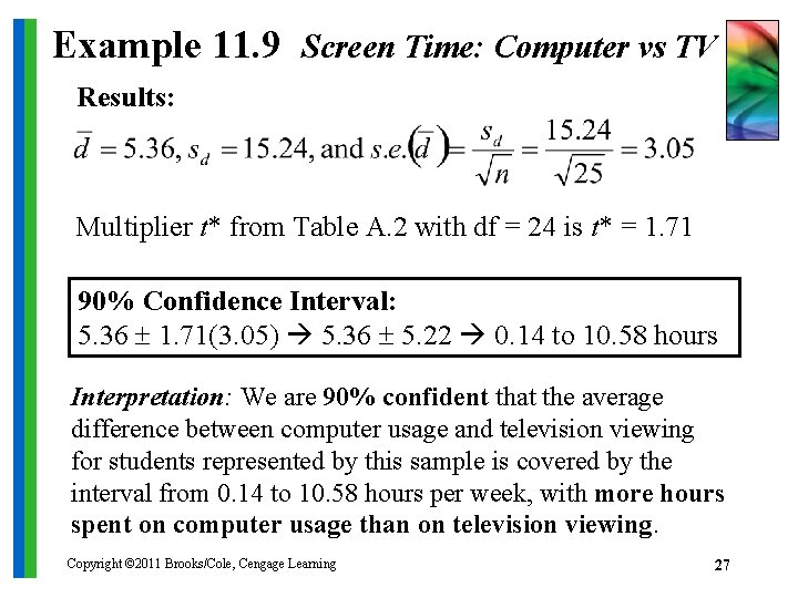Example 11. 9 Screen Time: Computer vs TV Results: Multiplier t* from Table A.