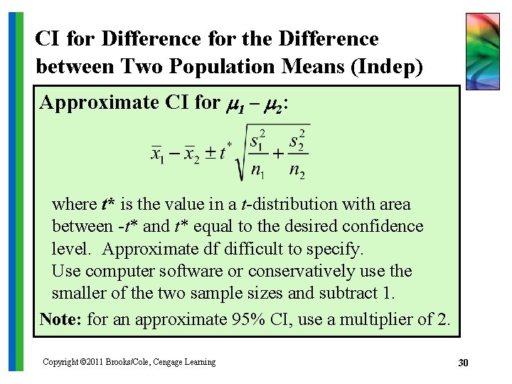 CI for Difference for the Difference between Two Population Means (Indep) Approximate CI for