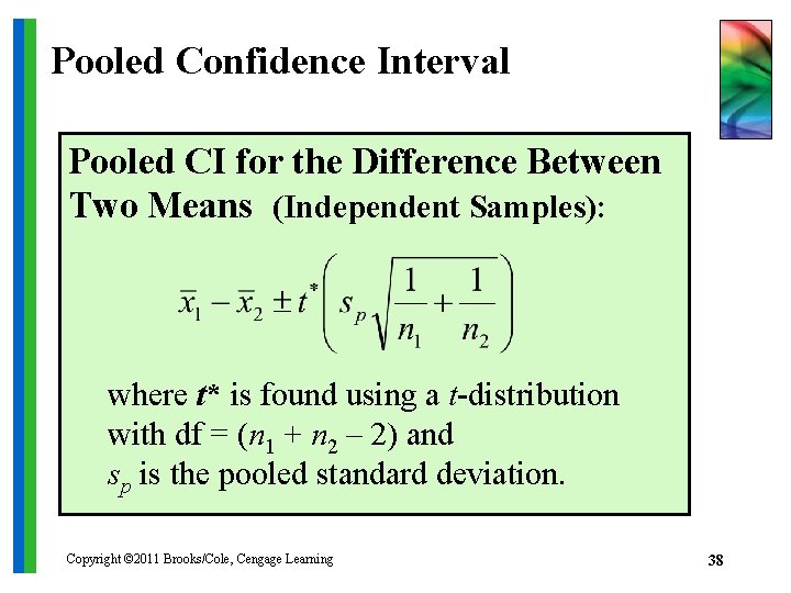 Pooled Confidence Interval Pooled CI for the Difference Between Two Means (Independent Samples): where