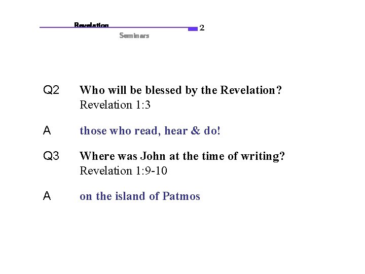 Revelation Seminars Q 2 2 Who will be blessed by the Revelation? Revelation 1: