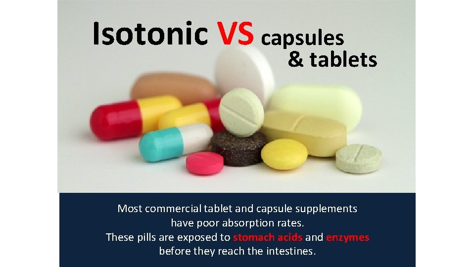 Isotonic VS capsules & tablets Most commercial tablet and capsule supplements have poor absorption