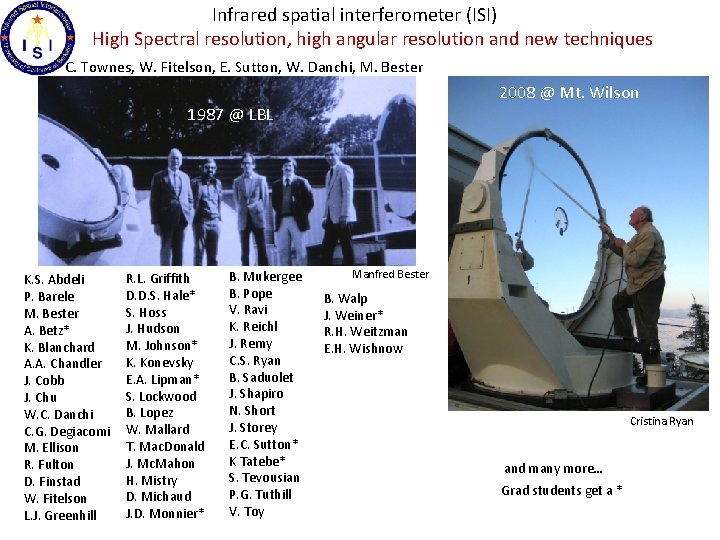 Infrared spatial interferometer (ISI) High Spectral resolution, high angular resolution and new techniques C.