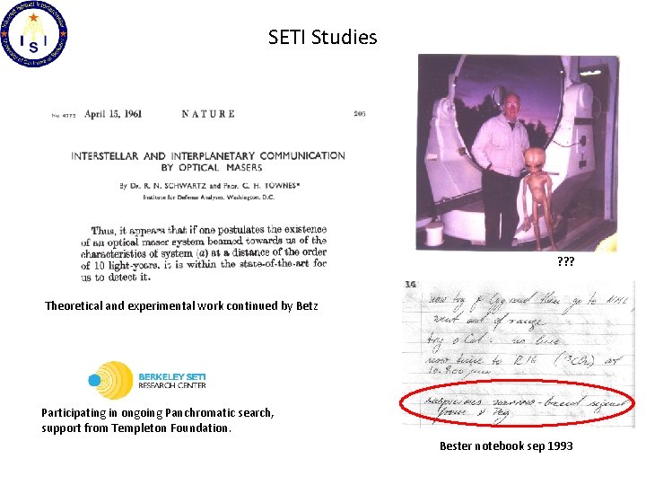 SETI Studies ? ? ? Theoretical and experimental work continued by Betz Participating in