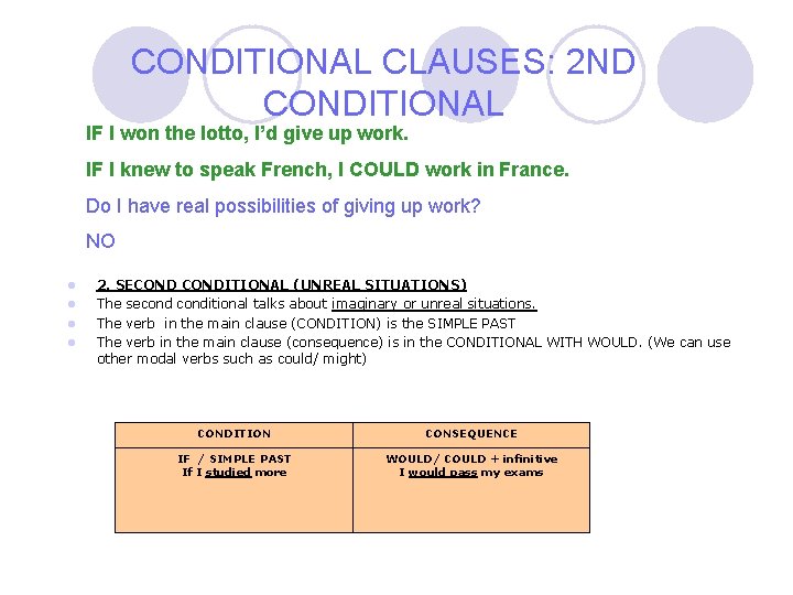 CONDITIONAL CLAUSES: 2 ND CONDITIONAL IF I won the lotto, I’d give up work.