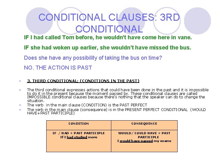 CONDITIONAL CLAUSES: 3 RD CONDITIONAL IF I had called Tom before, he wouldn’t have