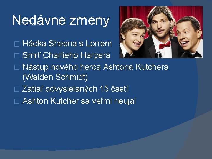 Nedávne zmeny Hádka Sheena s Lorrem � Smrť Charlieho Harpera � Nástup nového herca