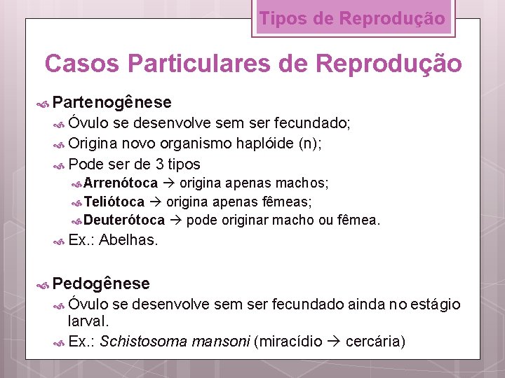 Tipos de Reprodução Casos Particulares de Reprodução Partenogênese Óvulo se desenvolve sem ser fecundado;