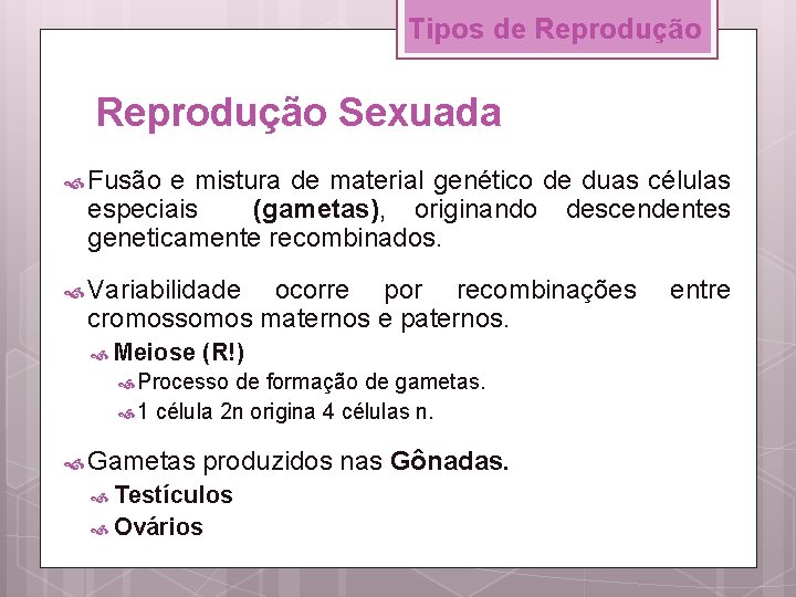 Tipos de Reprodução Sexuada Fusão e mistura de material genético de duas células especiais