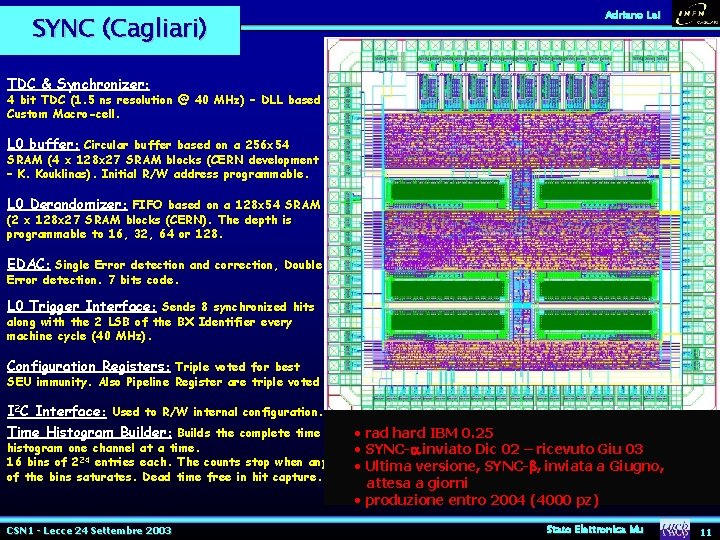 Adriano Lai SYNC (Cagliari) From DIALOG/IB 8 LVDS in TDC & Synchronizer: 4 bit Adriano Lai SYNC (Cagliari) From DIALOG/IB 8 LVDS in TDC & Synchronizer: 4 bit
