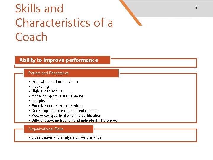 Skills and Characteristics of a Coach Ability to improve performance Patient and Persistence •