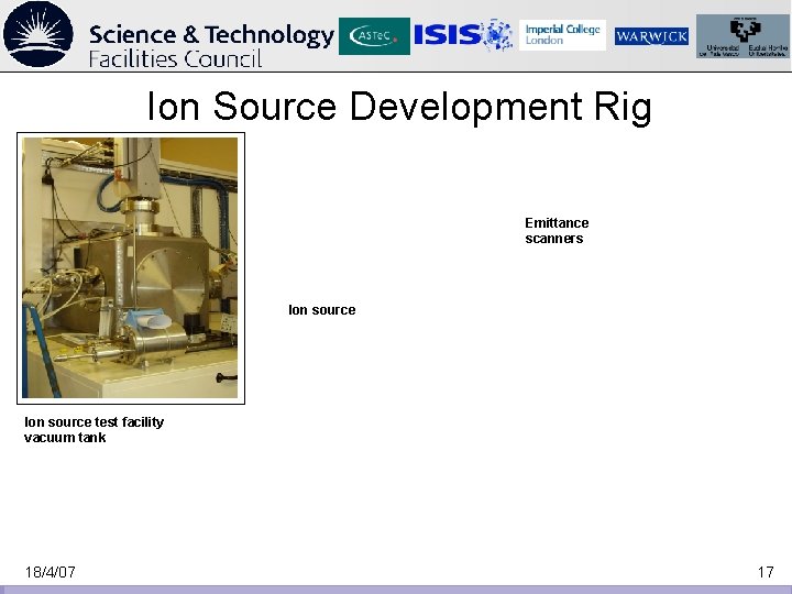 Ion Source Development Rig Emittance scanners Ion source test facility vacuum tank 18/4/07 17