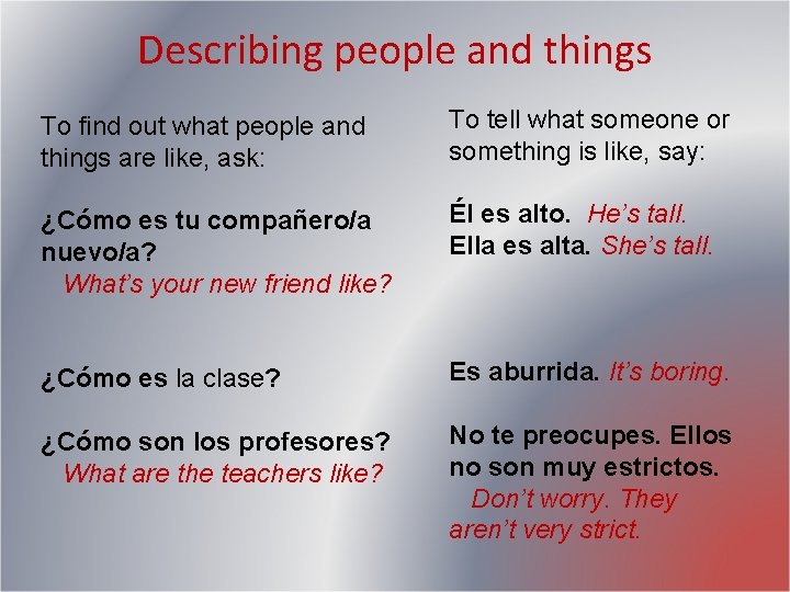 Describing people and things To find out what people and things are like, ask: Describing people and things To find out what people and things are like, ask: